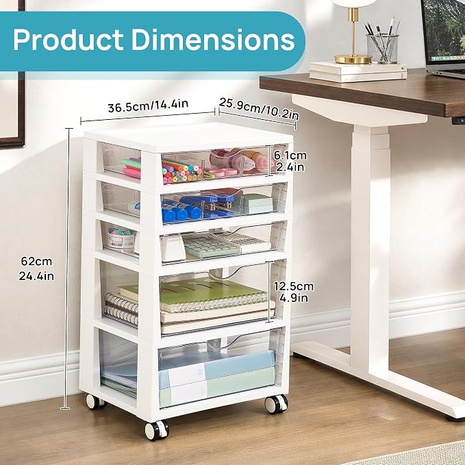 Vtopmart 5-Tier Plastic Drawer Storage Rolling Cart with Wheels | Clear Drawers with Multiple Sizes Keep Supplies visible. Sturdy for Under Desk, Office, Makeup , Crafts & Art Storage - Image 2