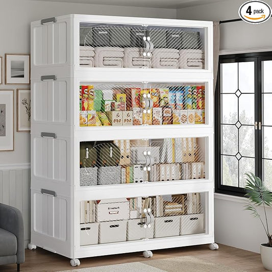 960QT Extra Large Stackable Storage Bins with Lid, 240Gal Plastic Closet Organizers and Storage Drawer, Collapsible Cabinet Box with Wheels Clear Doors for Home Kitchen Garage, 4Pack White by QAVABIN