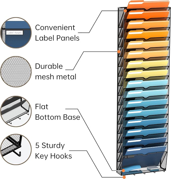 17-Tier Hanging Wall File Organizer with Hooks for Office Organization | Mesh Wall File Holder, Mail Organizer Wall Mounted for Papers, Documents, Folders and Magazines in Home Office, Classroom - Image 5