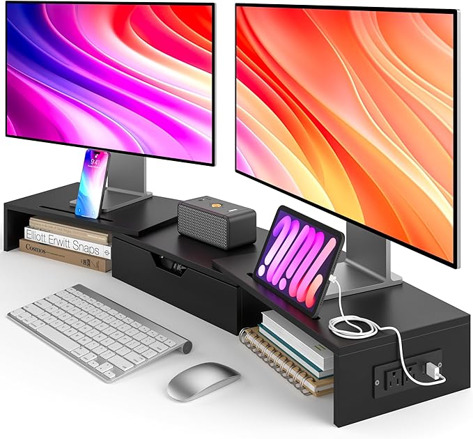 Dual Monitor Stand with USB Ports Wood Monitor Stand Riser with Drawer | Adjustable Desk Shelf,Desk Organizer for Computer,Laptop,Study&Office,No Assembly Required,Black by Elephance