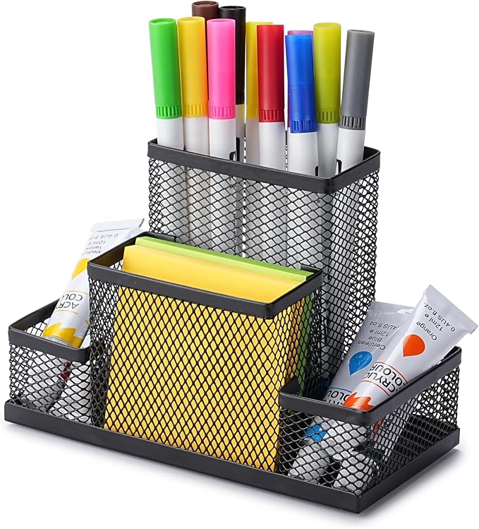 Huron Pen Holder and Desk Organizer Caddy, 4 Compartment Storage for Pencils Pens Sticky Notes Office Desk Accessories for Home Office,Black Steel Mesh (1/4/24/96) (1 pc) by Huron