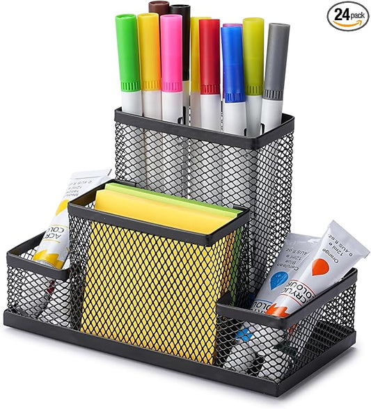 Huron Pen Holder and Desk Organizer Caddy, 4 Compartment Storage for Pencils Pens Sticky Notes Office Desk Accessories for Home Office,Black Steel Mesh (1/4/24/96) (24 pc) by Huron