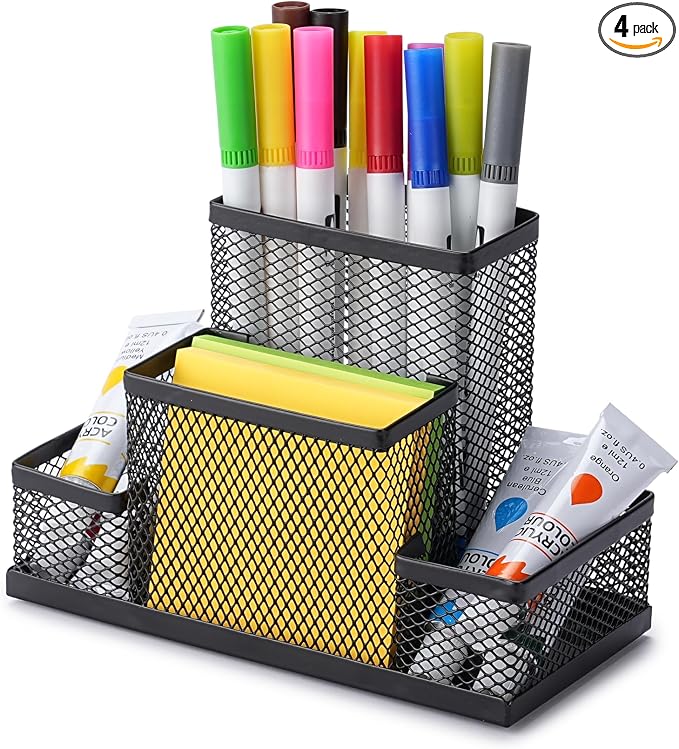 Huron Pen Holder and Desk Organizer Caddy, 4 Compartment Storage for Pencils Pens Sticky Notes Office Desk Accessories for Home Office,Black Steel Mesh (1/4/24/96) (4 pc) by Huron