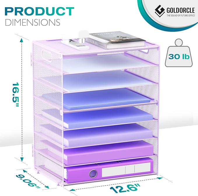 8 Tier Paper Letter Tray Organizer with Handles for Desk (Purple) | Mesh Desk File Holder Storage Organization for Home School Classroom & Office - Image 2