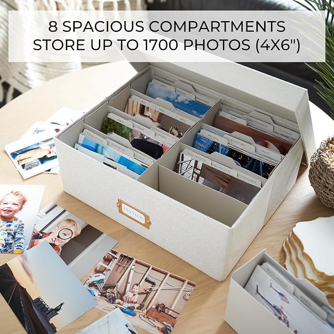 ZICOTO Decorative Photo Storage Box - Sturdy Linen Photo Organizer with Dividers is Perfect to Store up to 1700 Pictures and 4x6 Photos - Portable Scrapbook Storage Containers with Lid - Image 5