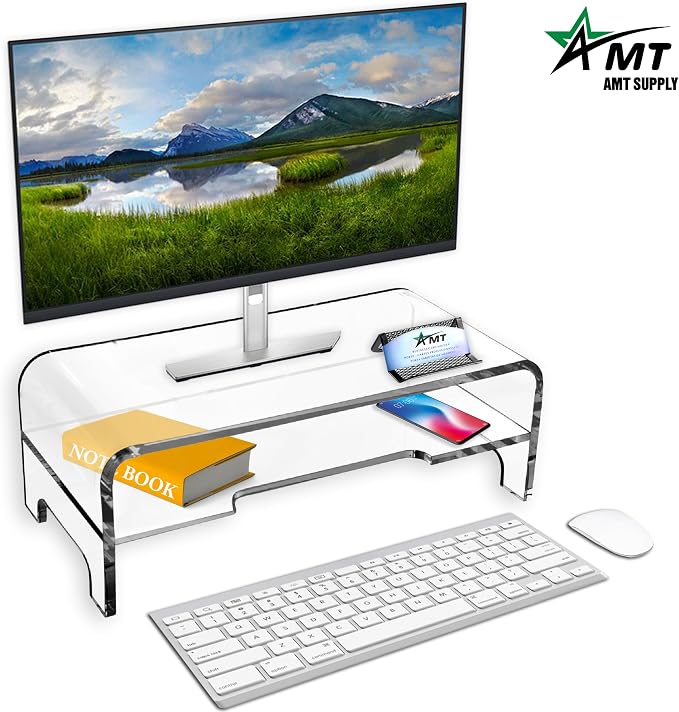 AMT Clear Acrylic Monitor Stand Riser 2 Tier, 5.5 Inches High Clear Computer Desk Organizer Shelf for Multi Media PC Storage Laptop - Image 6