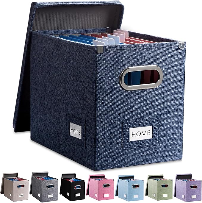 File Organizer Box - Set of 1 Collapsible Decorative Linen Filing Storage Hanging File Folders with Lids Office Cabinet Letter Size Navy Blue (14x9.3x10.8 inch) by Prandom