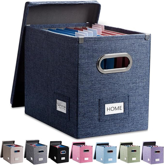 File Organizer Box - Set of 1 Collapsible Decorative Linen Filing Storage Hanging File Folders with Lids Office Cabinet Letter Size Navy Blue (14x9.3x10.8 inch) by Prandom