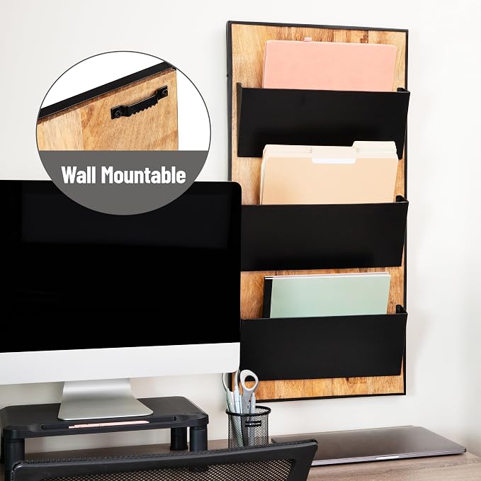 Mind Reader 3-Tier Wall-Mounted File Organizer, Wood and Metal Vertical Rack for Mail, Magazines, and Documents, Black - Image 4