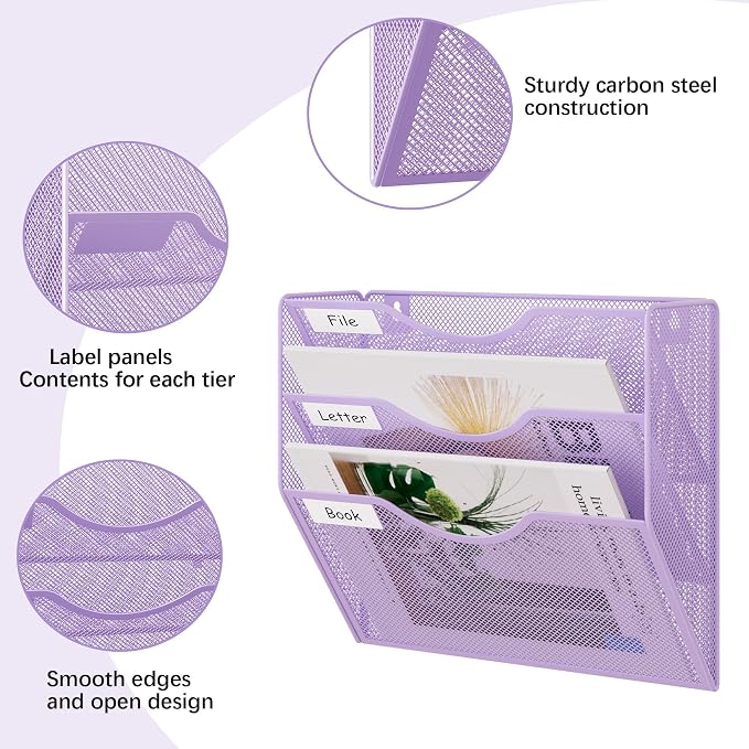 EasyPAG 3 Pocket Mesh Wall File Organizer, Hanging Paper Folder Holder with Classify Label, Vertical Wall Mount Mail Organizer for Office Home Classroom, Purple - Image 3
