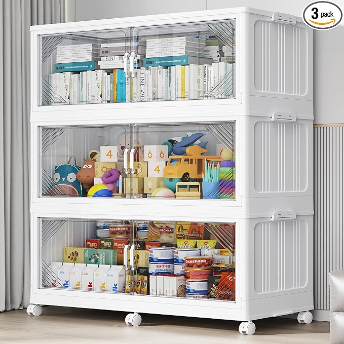 BROVIEW V60 660QT Plastic Stackable Storage Bins with Lid, 3Pack White | 165Gal Extra Large Closet Organizers Collapsible Cabinets Boxes With Drawer, Foldable Container with 6x Wheels for Home by BROVIEW-EnjoytheArtofLife
