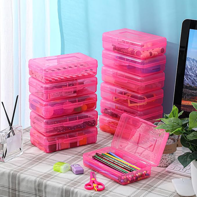 Leelosp 12 Pack Clear Pencil Boxes for School Bulk, Large Plastic Pencil Case with Lid, Stackable Hard Crayon Storage Box for Classroom Kids, Desk Drawer Organizer for Office Home(Pink) - Image 4