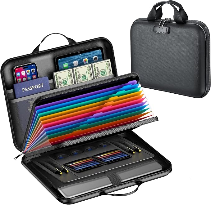 Fireproof Document Box with Lock, Waterproof Hard-Shell File Organizer with 13-Pocket Accordion Folder & Multi-Compartments for Laptop, Documents, Passports & Valuables by Unknown