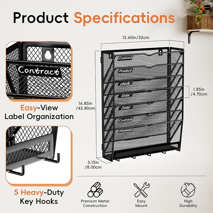 2Pack 8-Tier Wall File Organizer with Hook, Hanging File Organizer Black | Wall-mounted mail storage holds papers, folders, files, clipboards and magazines, assembly required for office or home use. - Image 2
