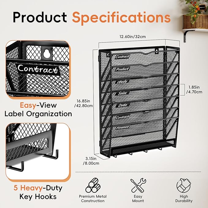 8-Tier Wall File Organizer with Hook, Hanging File Organizer Black | Wall-mounted mail storage holds papers, folders, files, clipboards and magazines, assembly required for office or home use. - Image 2