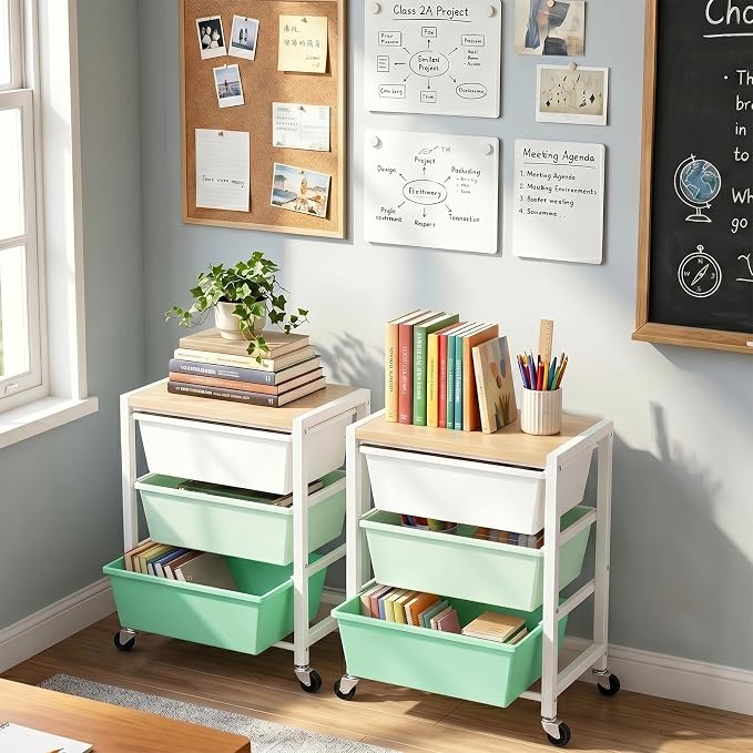 Rolling Cart with 3 Drawers, Plastic Drawer Storage Carts with Lockable Wheels & Wooden Tabletop, Metal Art Craft Utility Cart Organizer for Home Office Bedroom Dorm Bedside Classroom, Bright Green - Image 2
