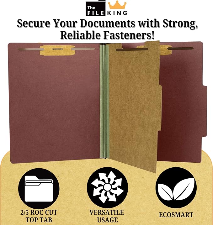The File King One Divider Brick Red Pressboard Classification File Folder - Letter Size | Box of 10 | Top Tab | 2” Expansion | Four 2-Inch Durable Fastener Prongs | USA Made - Image 3