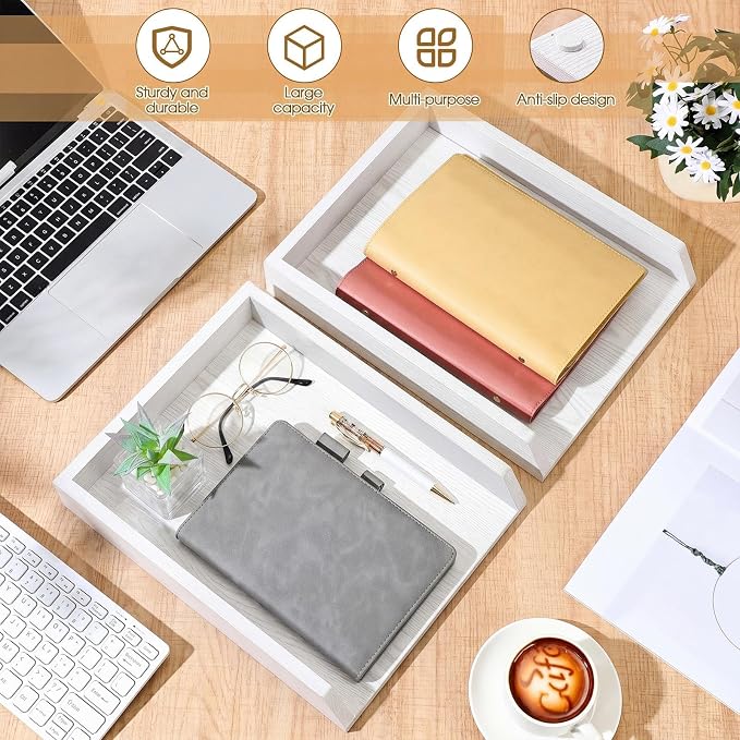 DoubleFill 2 Pcs Wooden Letter Trays 2 Tier Desktop Paper Organizer Wood Letter-Size Desk Document Tray Heavy Duty Stackable Paper Drawer Holder File Folder Back to School Office Home (White) - Image 4
