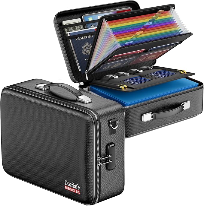 DocSafe Fireproof Document Box Hard Case with Lock ＆ Accordion File Folder | Fire and Water Resistant Safe Box,File Organizer,Multi-Pocket,Home Office Travel Storage for Important Document,Laptop,Black by DocSafe