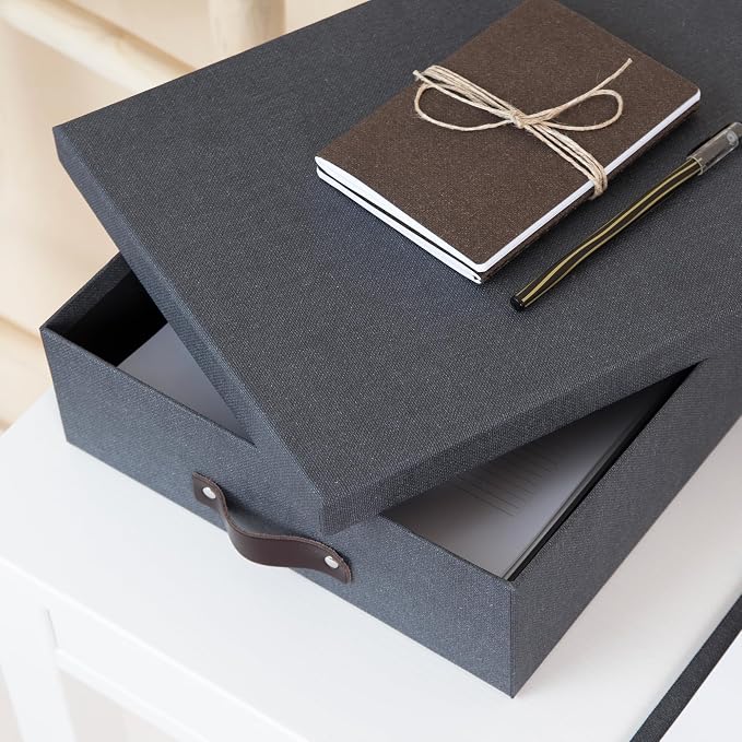 Bigso Oskar Canvas Fiberboard Document Letter Box for Important Paperwork A4 or Letter Size - Durable Keepsake Box with Lid and Leather Handle - 3.3in x 10.2in x 13.8in - Black - Image 6