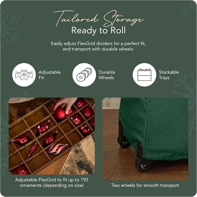 Covermates Keepsakes Rolling Adjustable Ornament Storage Bag – Heavy-Duty Polyester, FlexGrid Trays & Padded Dividers – Protective Holiday Organizer with Wheels, Handles & ID Window, Green - Image 5