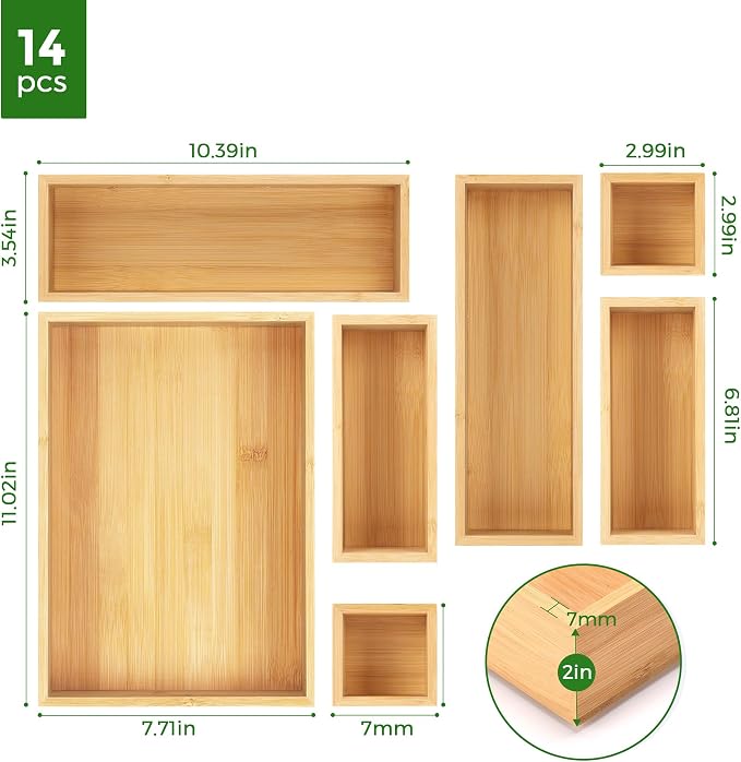 MapleGrace Bamboo Drawer Organizer Set, 14 PCS Wood Storage Organizers | Multi-Use Junk Drawer Divider, Storage Trays Containers for Kitchen, Bathroom, Office Desk, Makeup, Jewelry, Utensils - Image 6