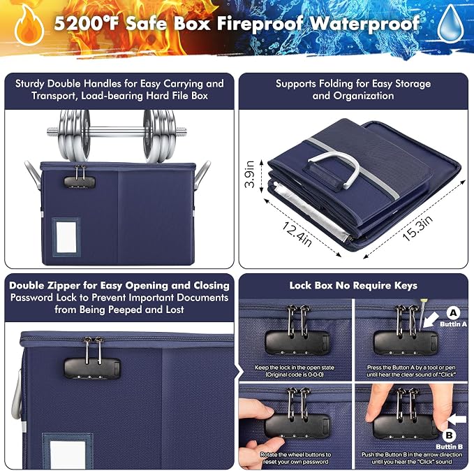 TOMKID 5200°F Fireproof Document Box, Fire Important Document Organizer with Lock, Upgraded Heat Insulated Filing Storage Cabinet Office Organization (5200°F Fireproof Box, Blue) - Image 2