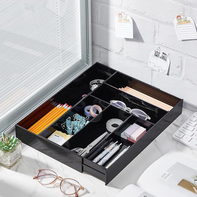 Briwooody Black Acrylic Drawer Organizer Expandable,7 Compartments,Large | 9'' up to 18'' x 12'' x 2.1'' Desk Drawer Organizer Trays Adjustable with Desk Accessories for Makeup Office Bathroom - Image 6