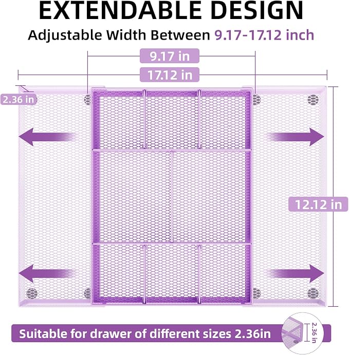 Marbrasse Expandable Desk Drawer Organizer, Mesh Drawer Organizer Tray with 10 Adjustable Compartments, Desk Organizers and Accessories for Office Supplies, Makeup & Vanity (Expandable-Purple) - Image 2
