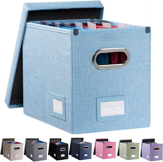 File Organizer Box - Set of 1 Collapsible Decorative Linen Filing Storage Hanging File Folders with Lids Office Cabinet Letter Size Blue (14x9.3x10.8 inch) by Prandom