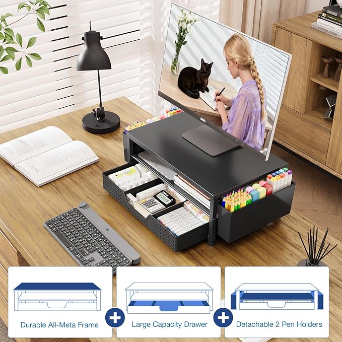 Desk Organizers and Accessories, Computer Monitor Stand Riser with Drawer and 2 Pen Holders, Printer & Laptop Stand, Office Desk Accessories & Workspace Organizers for Home Office Supplies, Black - Image 4