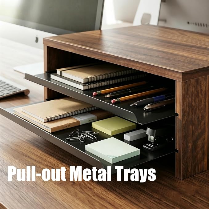 Fenge 14.3-Inch Monitor Stand with Slide-Out Trays, Wood & Metal Desk Shelf | 3-Tier Space-Saving Desk Storage Organizer, Fits Computer, Laptop, Printer and Telephone - Image 4
