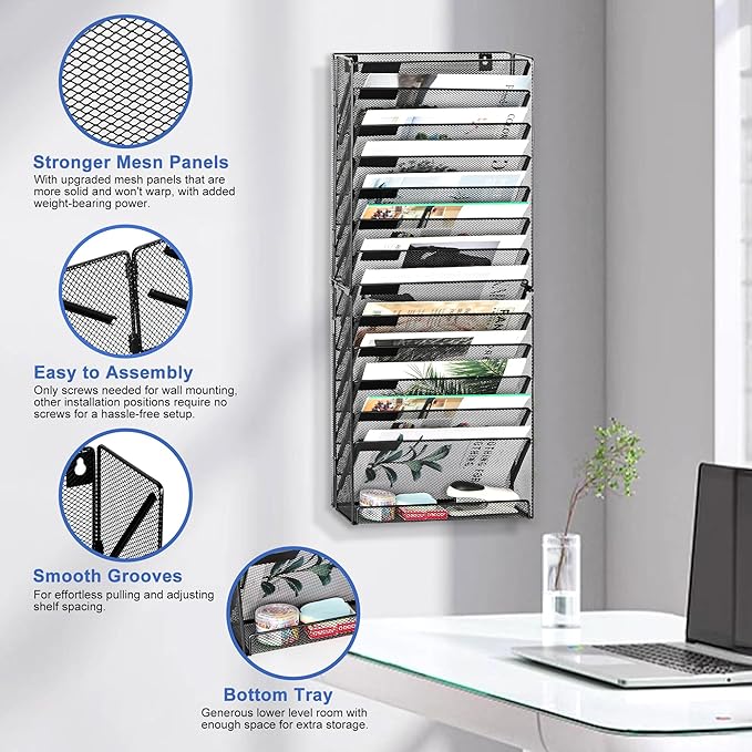 EasyPAG Wall File Holder 14 Tier Mesh Hanging Folder Organizer with Flat Tray Wall Mounted Mail Organizer Magazine Paper Desk Shelf with Nametag Label for Office Home School, Black - Image 2