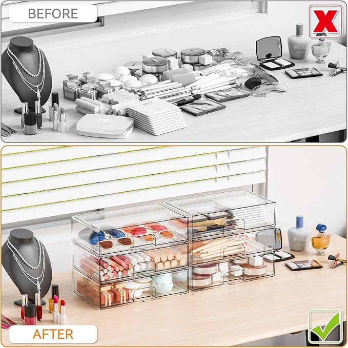 2 Pack Acrylic Drawer Organizer,12.2''W Clear Stackable Storage Drawers,Acrylic Boxes for Storage Makeup Palettes,Cosmetics,Pull Out Bathroom Storage Bins for Hair Products,Medicine Cabinet Organizer - Image 5