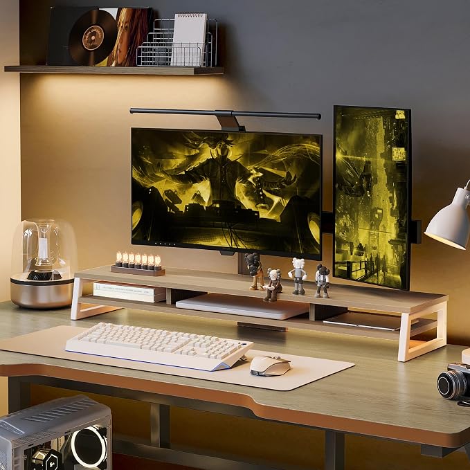 Fenge Dual Monitor Riser for Desk, Open Shelf with 3 Storage Compartments | 42.5in Computer Monitor Stand, 2-Tier Desk Shelf for Top of Desk,One-Piece Panel, fit Ultrawide Monitor, PC, Laptop, Oak - Image 7