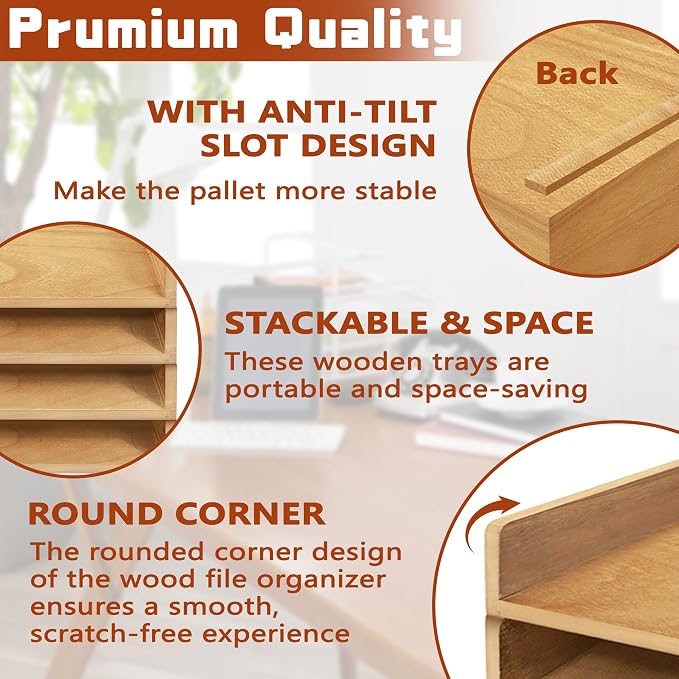 Wooden Paper Tray Organizer for Desk, Stackable Paper Holder and Letter Tray, 4-Tier Desktop File Storage Rack for Study,Home and Office (Oak, 14" x 9.5" x 2.5") - Image 4
