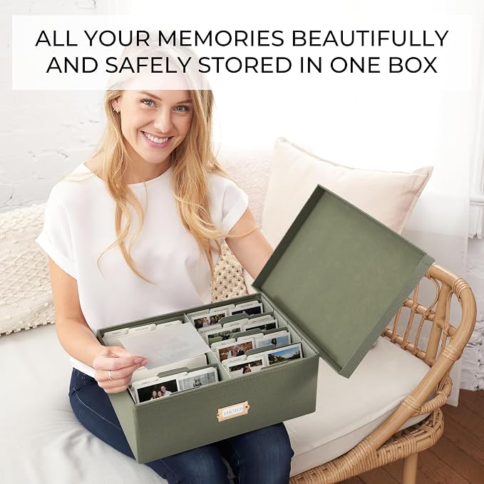 ZICOTO Decorative Photo Storage Box - Sturdy Linen Photo Organizer with Dividers is Perfect to Store Up to 1700 Pictures and 5x7 Photos - Portable Scrapbook Storage Containers with Lid - Image 3