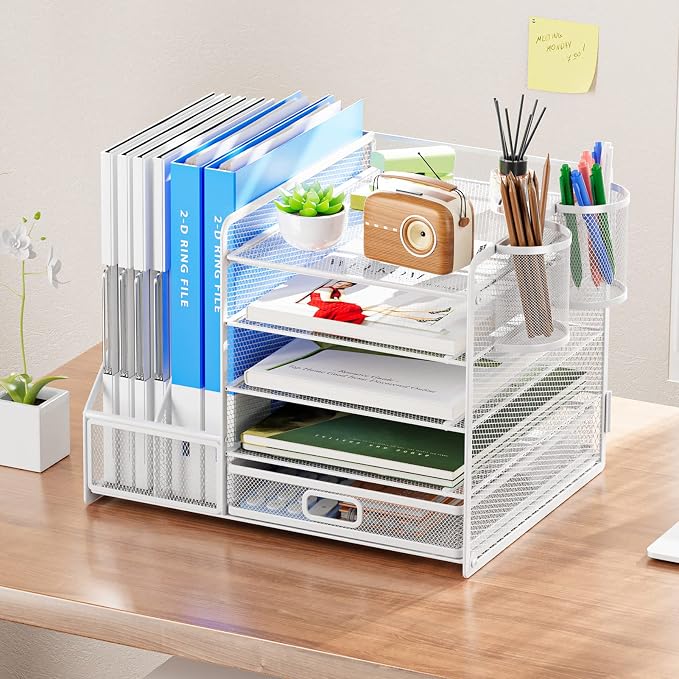 Marbrasse Desk Organiser with File Holder, 5-Tier Paper Letter Tray Organiser with Drawer and 2 Pen Holder, Mesh Desktop Organizer and Storage with Magazine Holder for Office Supplies(White) - Image 3