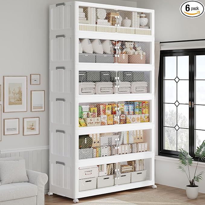 960QT Extra Large Stackable Storage Bins with Lid, 240Gal Plastic Closet Organizers and Storage Drawer, Collapsible Cabinet Box with Wheels Clear Doors for Home Kitchen Garage, 6Pack White by QAVABIN