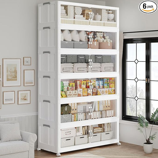 960QT Extra Large Stackable Storage Bins with Lid, 240Gal Plastic Closet Organizers and Storage Drawer, Collapsible Cabinet Box with Wheels Clear Doors for Home Kitchen Garage, 6Pack White by QAVABIN