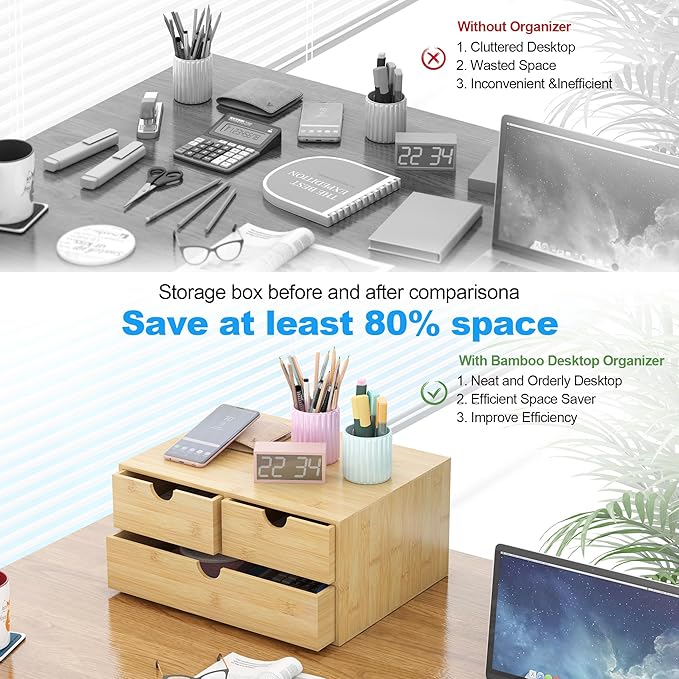 Bamboo Desk Drawer Organizer, Large Desktop Organizer with Drawers Tabletop Storage Organization Box for Office Home Toiletries Supplies Vanity, No Assembly Required (L-3 Drawers) - Image 5
