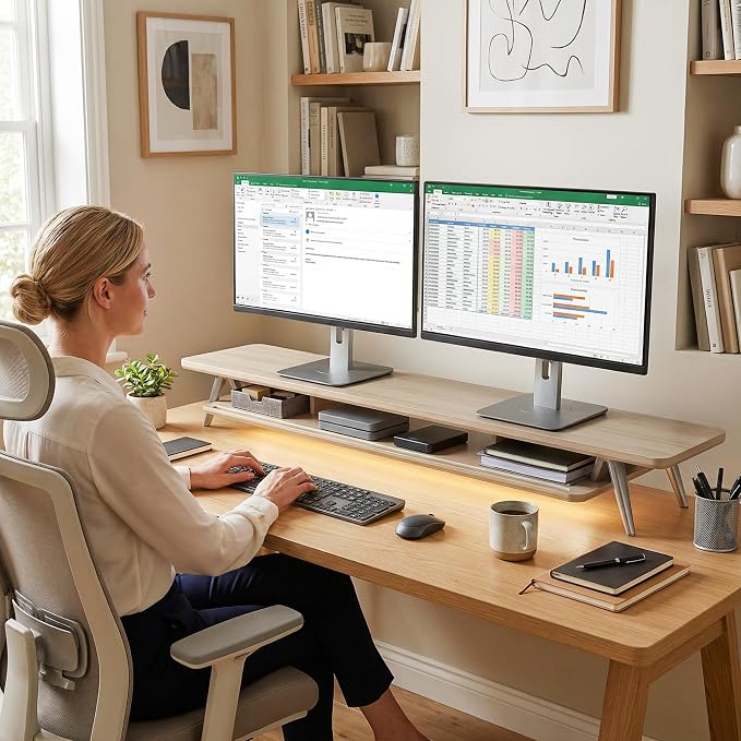 Fenge Dual Monitor Stand Riser, Wooden Desk Shelf with 2-Tier Storage | 47.2-Inch Extra Wide, Sturdy Aluminum Legs, Built-In Phone & Tablet Slot, Desktop Organizer for Office Accessories - Image 8