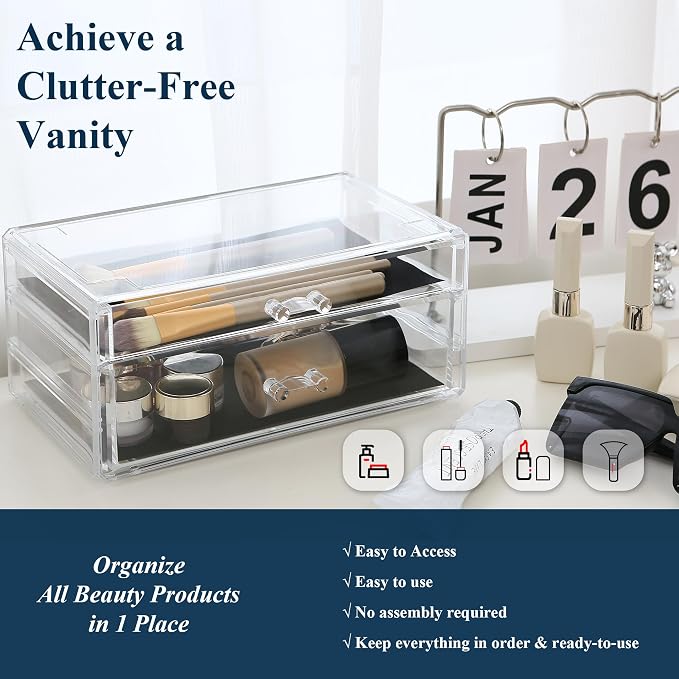 Sea Team Stackable Clear Acrylic Makeup Organizer with Drawers for Vanity | Cosmetic Display Case, Jewelry Storage Box with 1 Large and 1 Middle Drawers, Ideal for Dresser, Bathroom, Countertop - Image 2