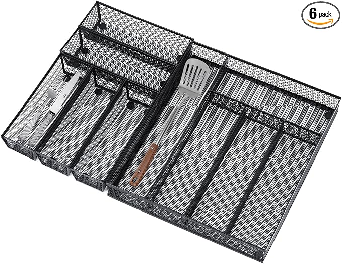 Neudeco Drawer Organizer Set, Black Mesh, 6 Pack | 5-Compartment Silverware Organizer Tray, 5 Utensil Trays, For Flatware, Cutlery, Office Supplies, Non-Slip by Neudeco