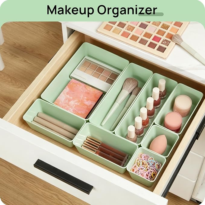 Vtopmart 25 Pack Plastic Drawer Organizers with Non-slip Rubber Pads | 4-Size Versatile Makeup Organizer, Storage Containers Small Bins for Makeup, Jewelries, Bedroom, Kitchen Utensils and Office - Image 4