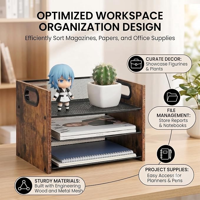 Desk Organizer - 3 Tier Wood & Metal Mesh Desktop Organizer for Office, Home, School, Workspace, Office Desk Organzier for Papers, Mail, Notebooks, Stationery - Image 4