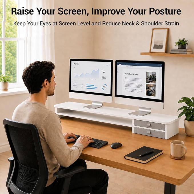 Dual Monitor Stand, 42.5 Inch Wood Monitor Riser with Drawers, 2 Tier Desktop Organizer for Computer Laptop TV, Large Screen Stand for Home Office Desk - Image 3
