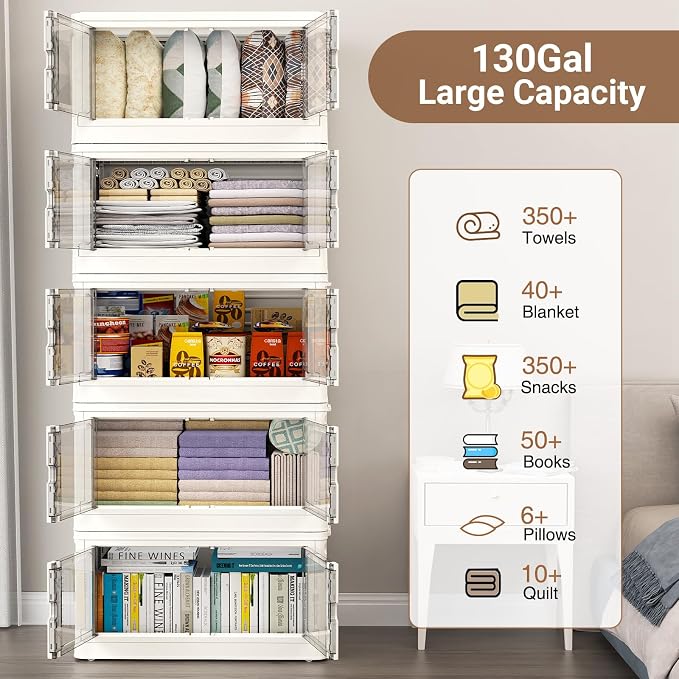 BROVIEW 345Qt Stackable Storage Bins with Individual Lids & Wheels, Large Plastic Collapsible Latching Boxes Closet Organizers and Storage Cabinet Shelves Units for Home Kitchen Dorm, 3-Pack White - Image 4