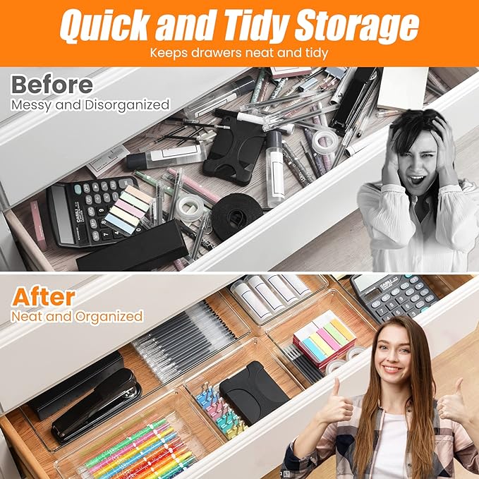 22 Pcs Drawer Organizer Bins, Acrylic Non Slip Kitchen Drawer Organizers Storage Tray Divider, Multifunctional Storage for Cosmetics, Bathroom, Tools, Kitchen and Office - Image 5