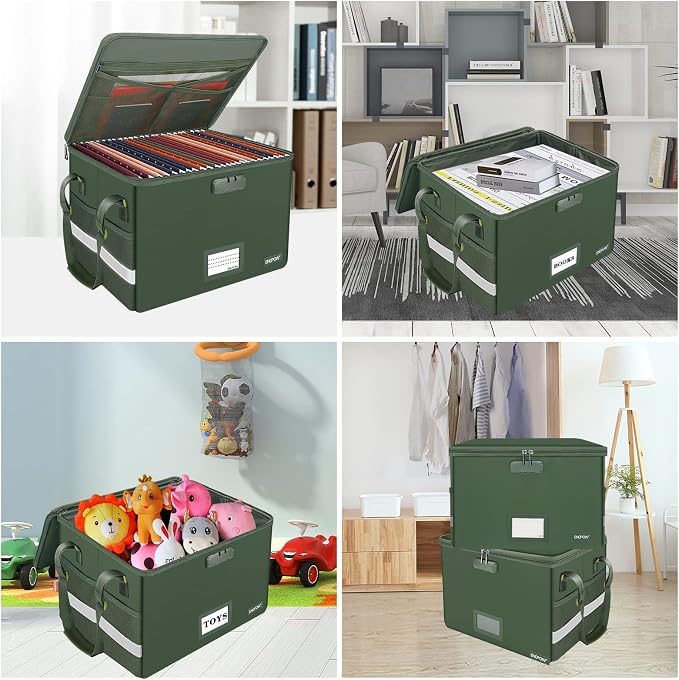 ENGPOW File Box with Lock, Fireproof Document Box with Zipper Lid, Collapsible File Storage Organizer Filing Cabinet with Handle, Portable Home Office Safe for Hanging Letter/Legal Folders, Green - Image 2